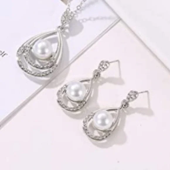 Pearl Necklace Teardrop Zirconia Rhinestone Drop Earrings Necklace Jewelry Sets - Picture 8 of 14